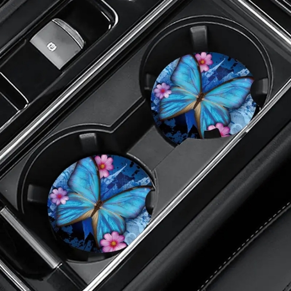 2pcs  Blue Butterfly Cup Coaster For Car SUVs Trucks, 2 Pack Cup Holder Coasters